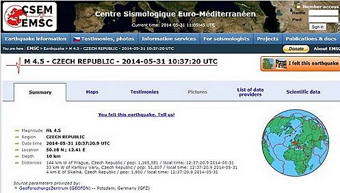 informace o dnením zemtesení (10:37 UTC = 12:37 SEL) na webu seizmického...