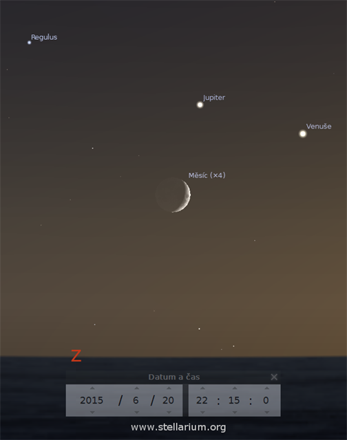 Msíc, Venue, Jupiter a Regulus na veerní obloze v ervnu 2015