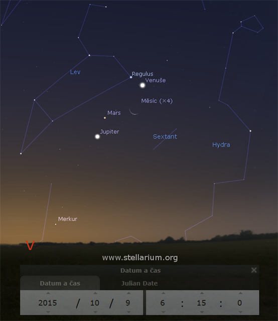 Planety a Msíc v blízkosti Regulu 9. 10. 2015
