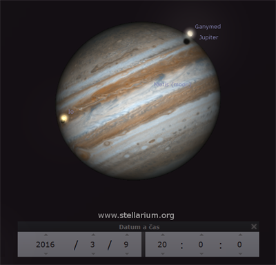 Msíce Io a Ganymedes se stíny vrenými na Jupiter 9. 3. 2016