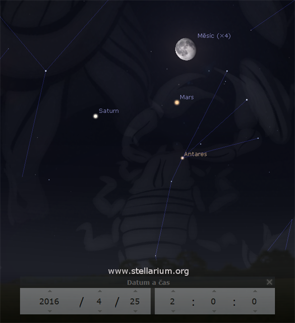 Msíc spolu se Saturnem a Marsem v blízkosti hvzdy Antares 25. 4. 2016