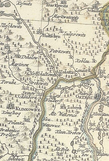 Soutok Odry a Opavice (Oppawitz) na Nigrinov map z roku 1724. Napravo pod...