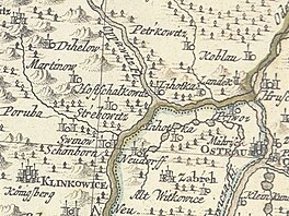 Soutok Odry a Opavice (Oppawitz) na Nigrinov map z roku 1724. Napravo pod...