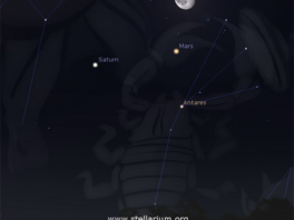Msc spolu se Saturnem a Marsem v blzkosti hvzdy Antares 25. 4. 2016