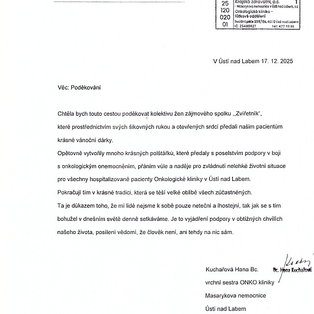 P�ed�v�n� pol�t��k� 15. 12. 2025. Dopis od vrchn� sestry ONKO kliniky...