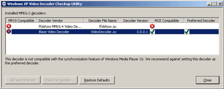 Windows XP Video Decoder Checkup Utility