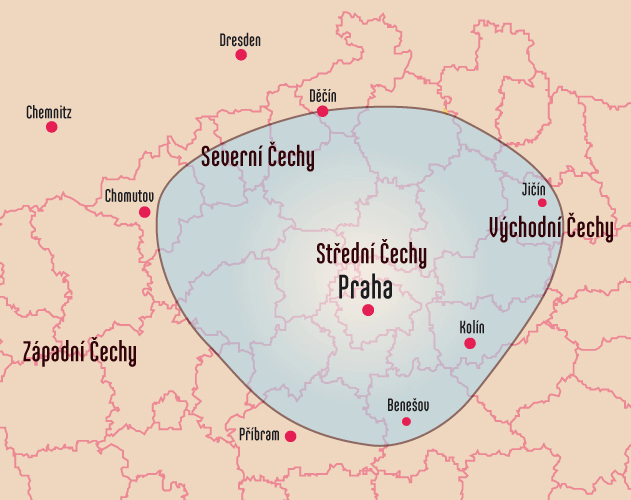 Mapa pokrytí Českého Impulsu na středních vlnách v Čechách