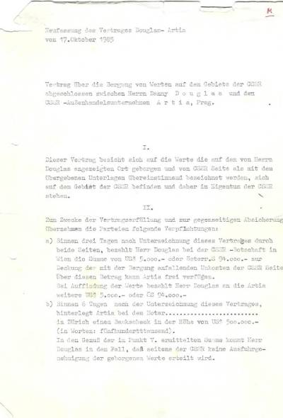 Originál smlouvy, na jejímž znění se dohodl Danny Douglas se zástupci československého státu v roce 1985: strana 1.