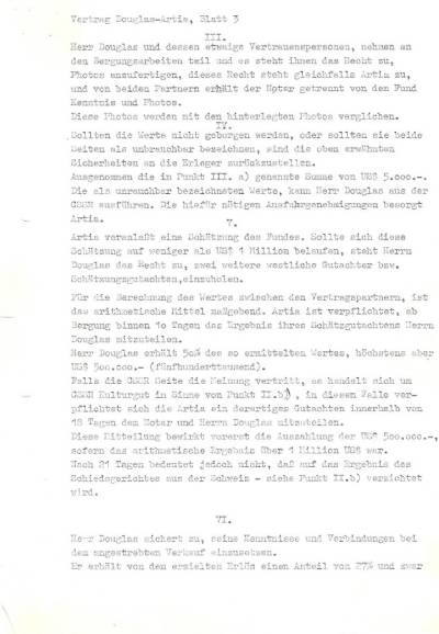 Originál smlouvy, na jejímž znění se dohodl Danny Douglas se zástupci československého státu v roce 1985: strana 3.