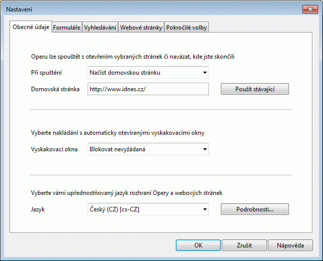 Jak nastavit iDNES.cz jako domovskou strnku - Opera