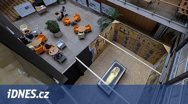 Firavun okuyucular arasında. Kütüphane hiyeroglifleri ve Tutankhamon mezarını göstermektedir