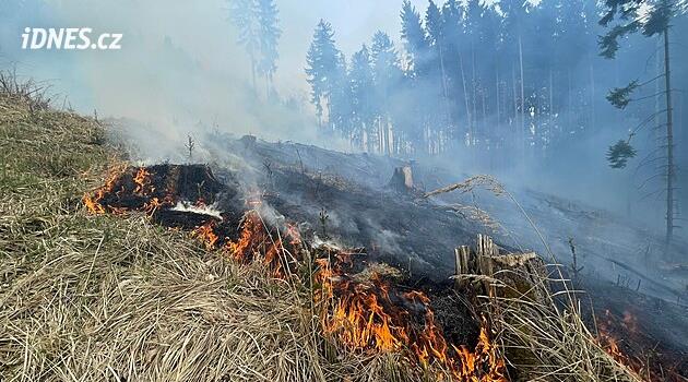 Ve Valtířově na Ústecku hoří v obtížném terénu les. Platí druhý stupeň poplachu