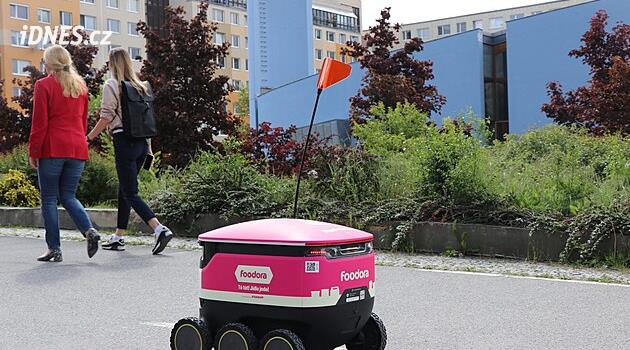 Geçişlerde tereddüt etseler de kendilerini kanıtlamış durumdalar. Pembe robotlar Butovice'de yiyecek dağıtacak