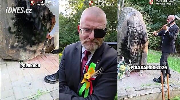 VIDEO: Jednooký lídr polských nacionalistů omlátil pomník banderovců